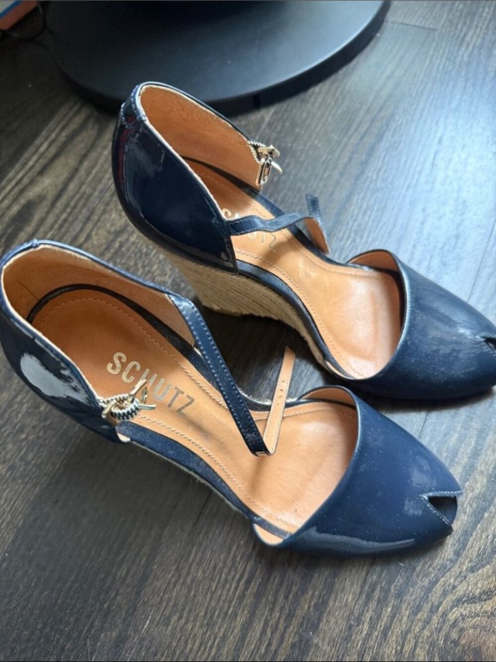 Schutz Navy Patent Espadrille Wedge Sandals